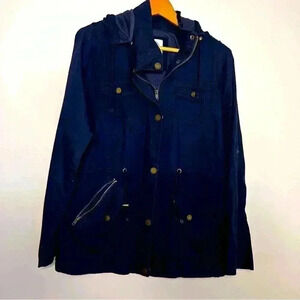 Johnny Los Angeles Navy Cotton Jacket, Zipper Detachable Hood, Drawstring Sz L